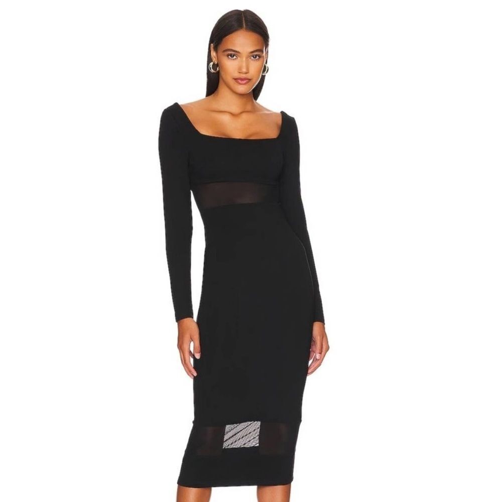 REMI x REVOLVE Jamie Midi Dress Black Stretch & Mesh Bodycon Long Sleeve SZ XXS